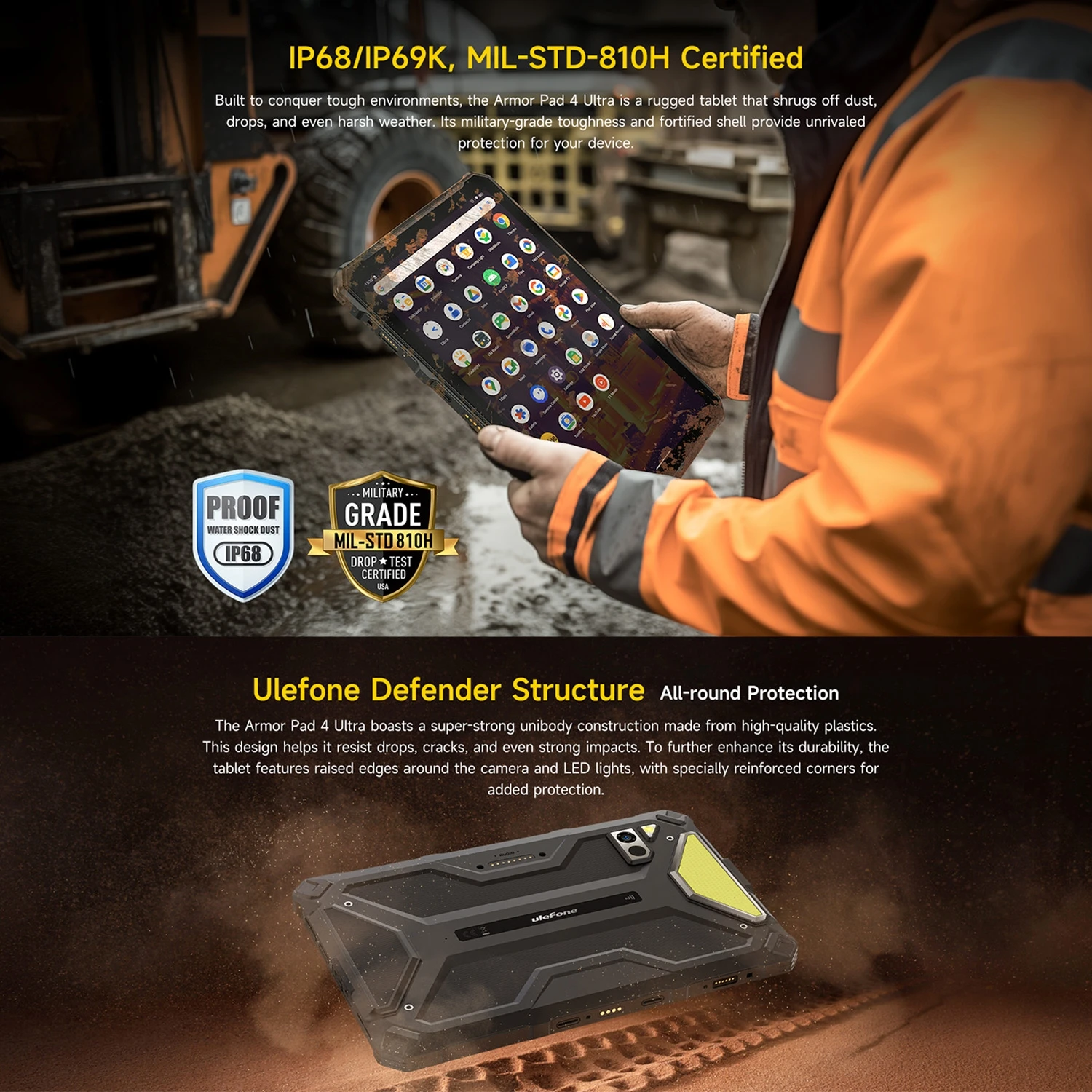 Ulefone Armor Pad 4 Ultra Rugged Tablet Thermal Version 8GB+256GB 10.36" Display 11800mAh Android 14 Dimensity 6300 5G Tablet PC