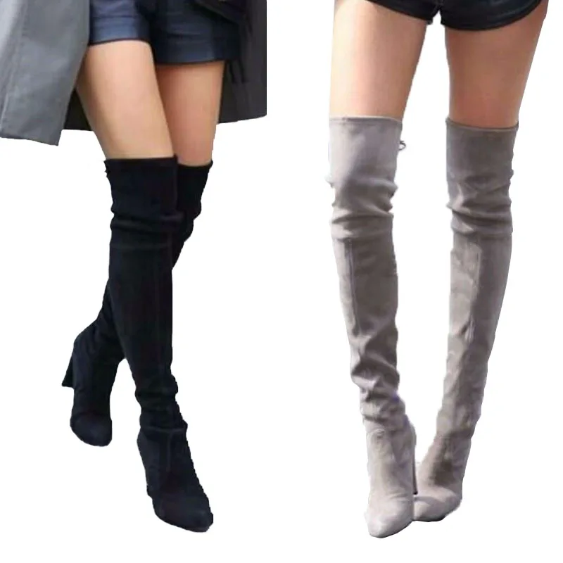 Women Faux Suede Thigh High Boots Block Thick Heel Over The Knee Boots