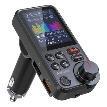 차량용 무선 블루투스 FM 송신기, Aux, QC3.0 충전 지원, 고음 및 저음 음악 플레이어, 1.8 인치