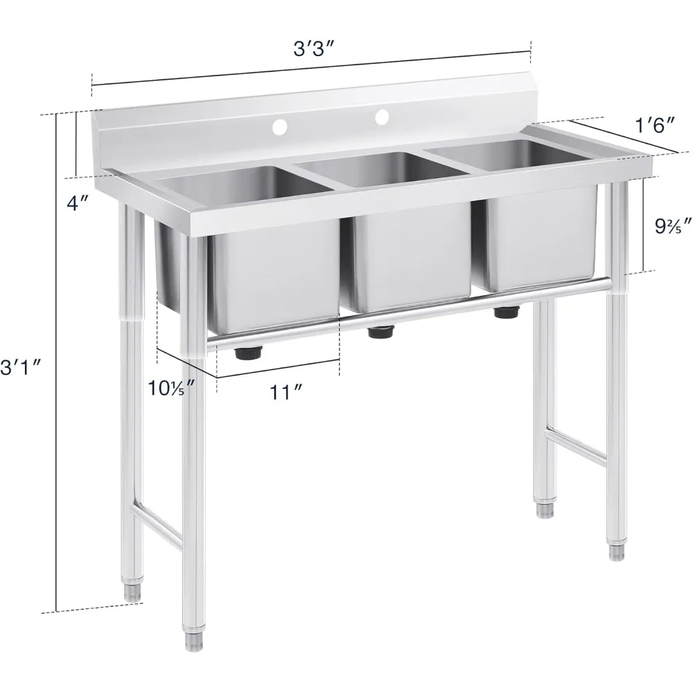 3-Stainless Steel Sink, Free Standing Restaurant Sink Station with Strainer, Kitchen Prep & Utility Sink for Home Garage Bar 6