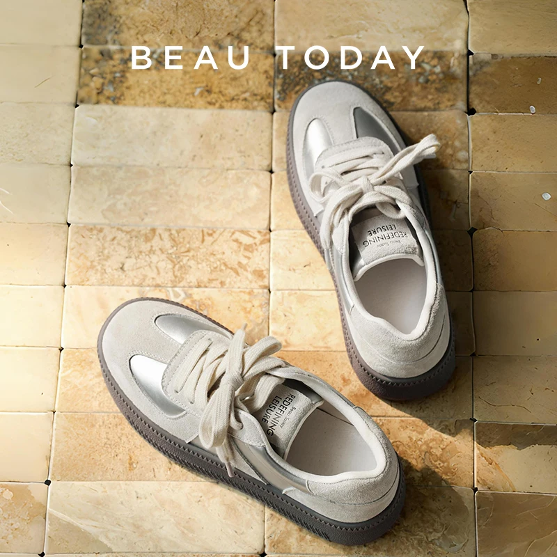 BEAUTODAY Fashion Sneakers Women Suede Leather Mixed Colors Lace-up Round Toe Sliver Flats Ladies Vulcanize Shoes A29864
