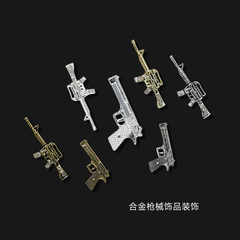 10 개/몫 3D 합금 펑크 권총 총 네일 아트 매력 금속 레트로 골드/실버 총 모양 네일 쥬얼리 금속 네일 보석 장식