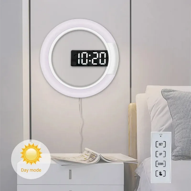 USB 3D Wall Clock with Night Light Digital Table Clock Alarm Mirror Hollow Lamp for Home Living Room Decor