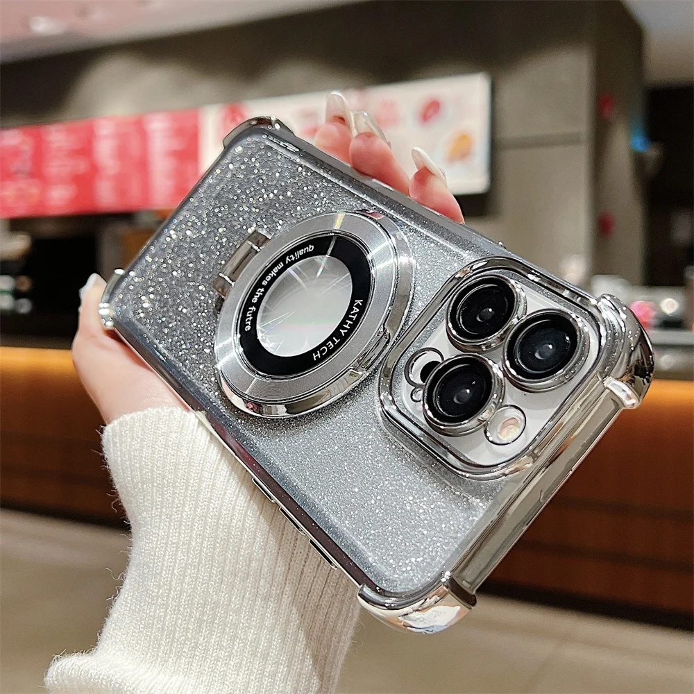Farbverlauf Glitzer Magnetständer Klare Handyhülle für iPhone 15 14 Plus 13 12 11 Pro Max Bumper Objektivschutz Hard Cover_voghion.com
