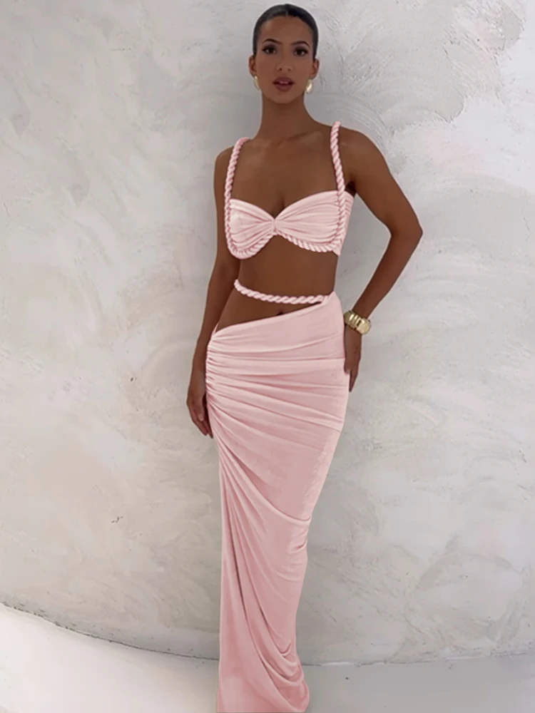 GETADME Weird Puss Summer Vacation 2 Piece Set Women Colorful Print Bra Tops+High-Waist Hollow Maxi Skirts Matching Midnight Clubwear main image 1