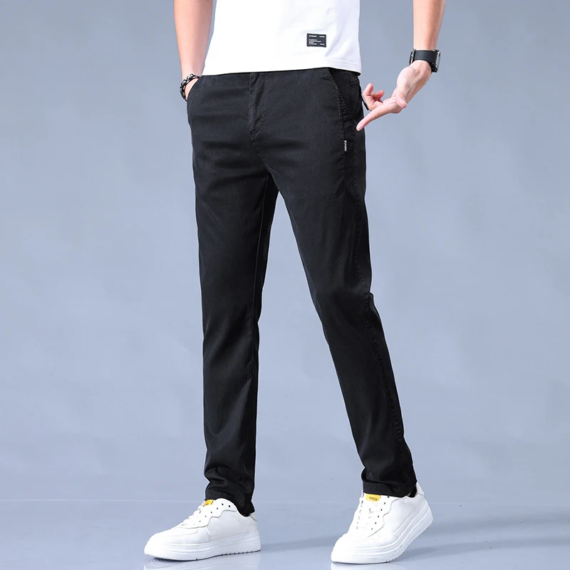 

Casual Pants Men Lyocell Solid Color Business Fashion Slim Fit Stretch Gray Thin Trousers Male Brand Clothing