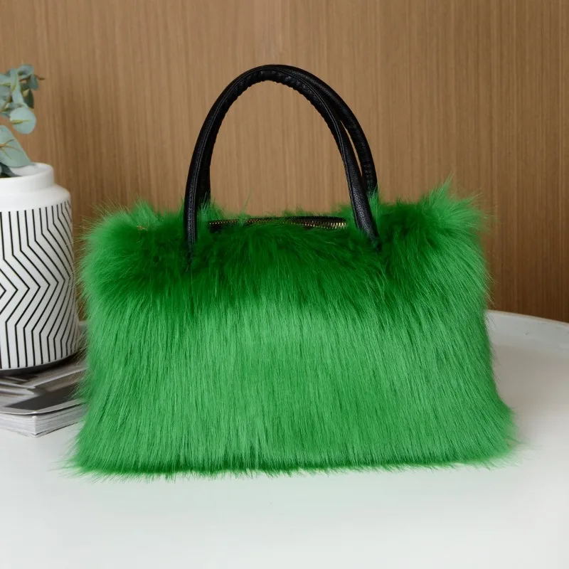 

Winter Bright Color Women's Faux Fur Boston Handbag Fashion Fluffy Plush Spliced Pu Leather Tote Bag High Quality Bolsa Feminina