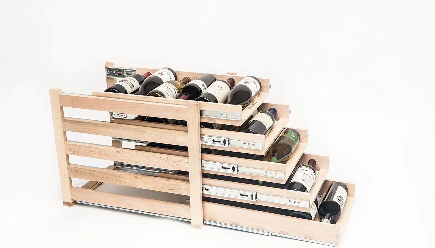 In-Cabinet Sliding Tray Wine Rack 30-Bottle, Solid Maple Wood Unstained with Clear Satin Lacquer Finish Large storage space