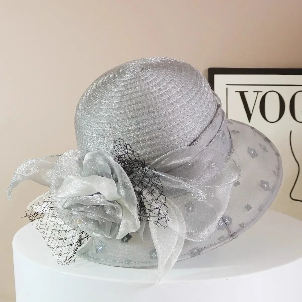 Fashion Hat Women Top Hat Elegant Organza Flower Wide Brim Sun Hat for Women Retro Style Party Banquet Accessory Foldable Beach - 3