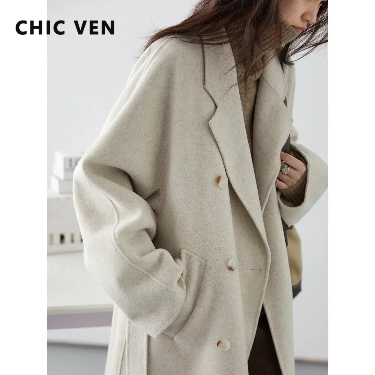 CHIC VEN Women Long Double-sided Woolen Coats Retro Loose Female Overcoat Double Breasted Ladies Windbreak Autumn Winter 2023 2