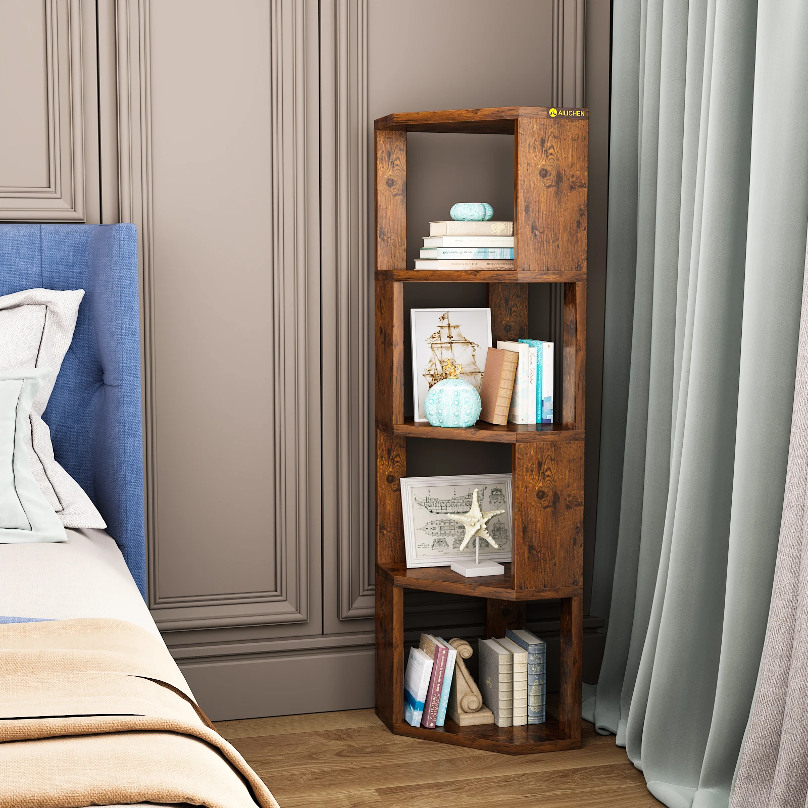 

4 Tier Corner Shelf Bookcase Wooden Display Bookshelf Storage Rack,Standing Tall Corner Bookshelf Display Unit Storage Rack