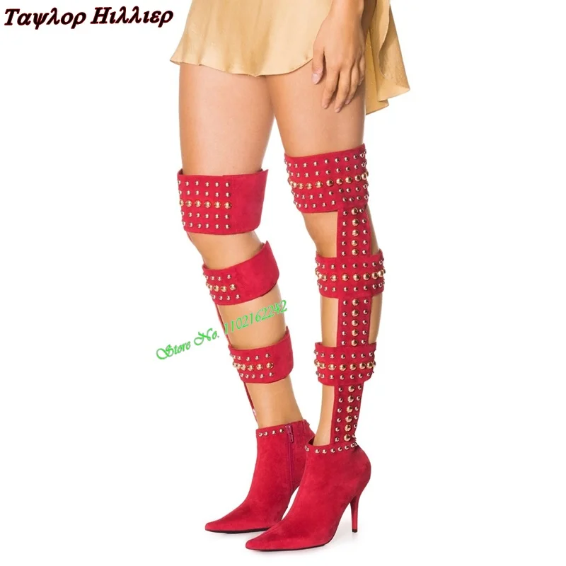 

2023 Spring And Autumn Red Suede Sandals Women'S Pointed Toe Stiletto Heel Rivets Hollow Stage Over-The-Knee Boots Summer 46