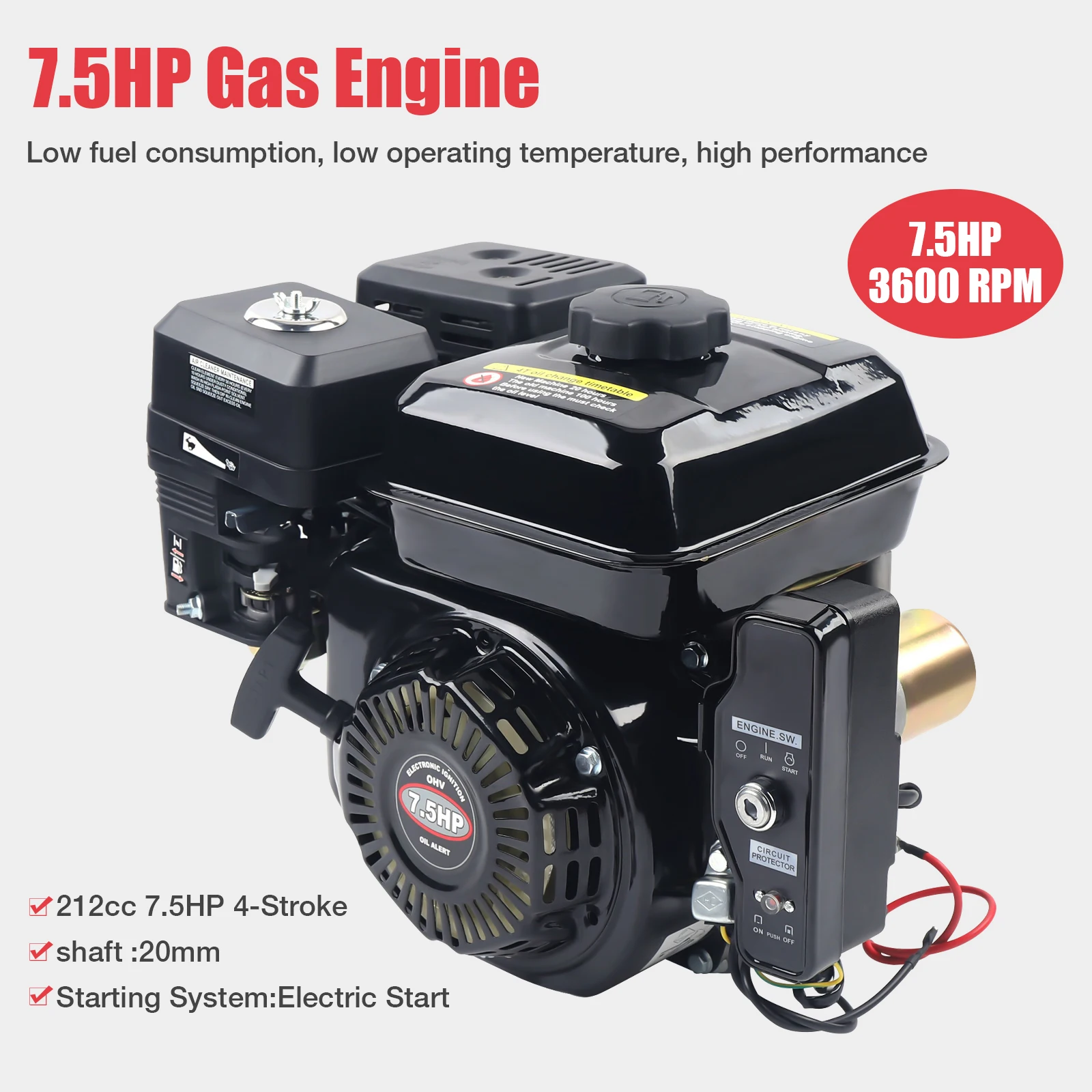 

4-Stroke Gasoline Engine 7.5HP Electric Start Horizontal Motor Go Kart Gas Engine 3600RPM 212CC Upgraded Car Accessories