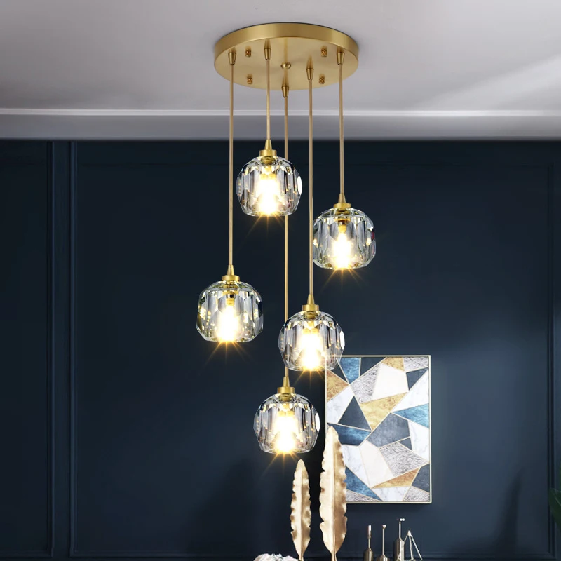 

Nordic Design Restaurant Small Single Chandelier For Kitchen Island Round Crystal Ball Hanging Lamp Spiral Loft Chandelier