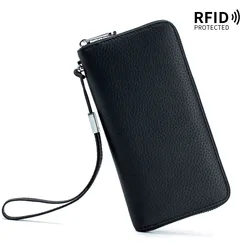 Luxury Genuine Leather RFID Wallet for Women - Elegant Long Zipper Handbag and Cardholder Purse (BLACK)