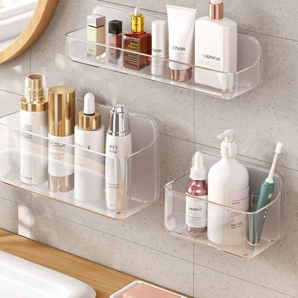 Bathroom Rack Shelf Wall-mounted Strong Acrylic Toilet Adhesive Washroom  Non-perforated Cosmetic Table Transparent Storage - AliExpress