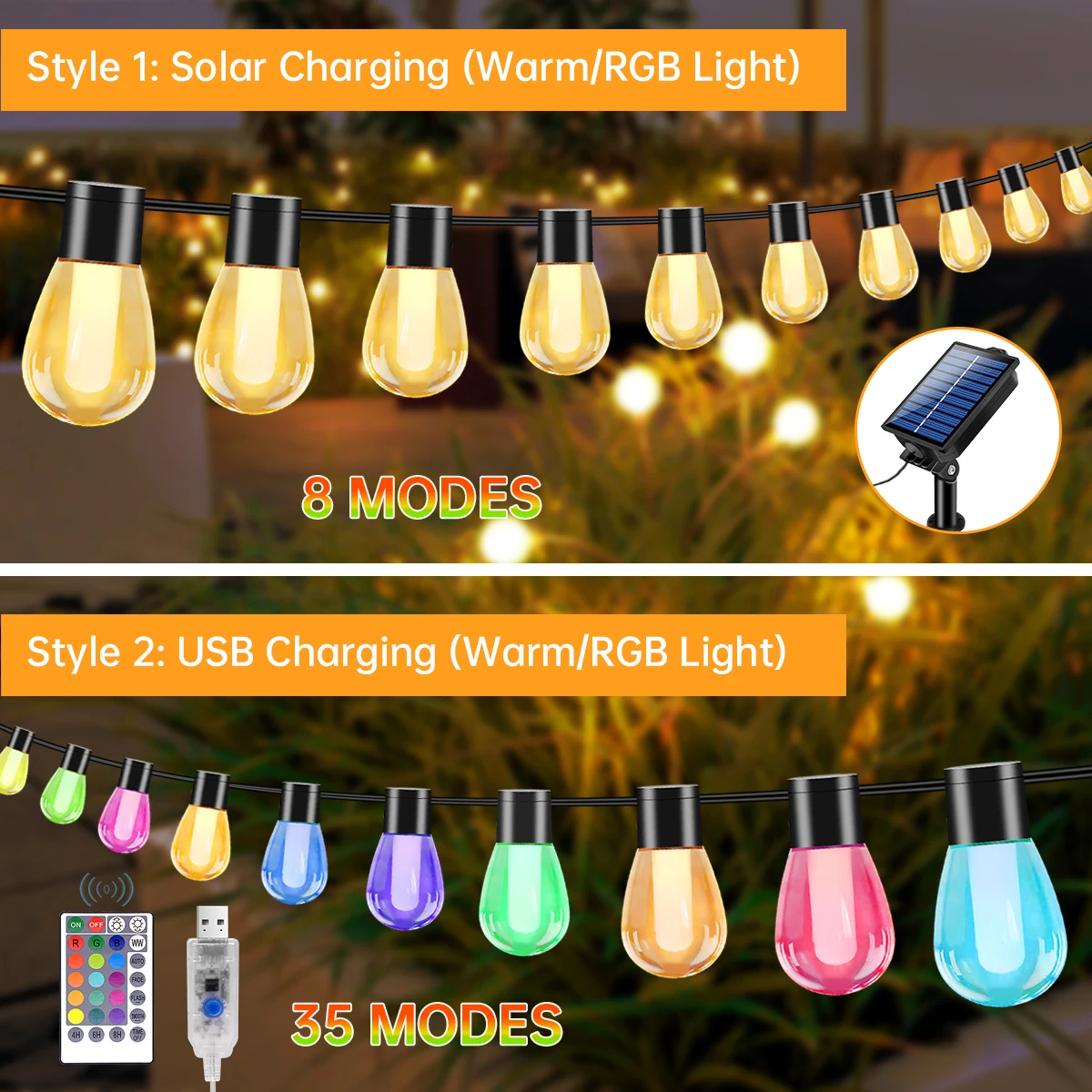 Solar Outdoor String Lights USB Charge Waterproof S14 Edison Led Bulbs Shatterproof Solar Hanging Light With 8/35 Modes Remote 2