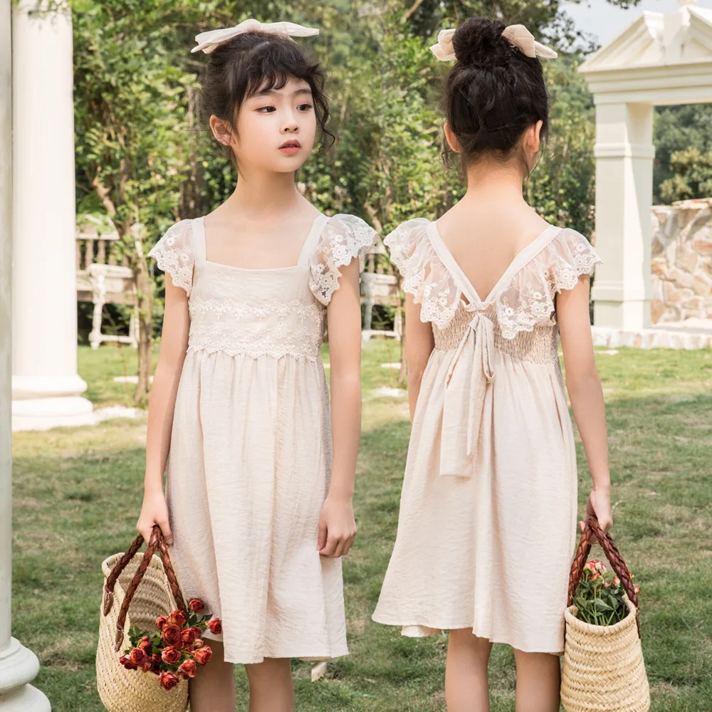 

2022 New Summer Bowtie Children Princess Dress Kids Cotton Causal Lace Patchwork Dress Backless European Style Kids Clothing