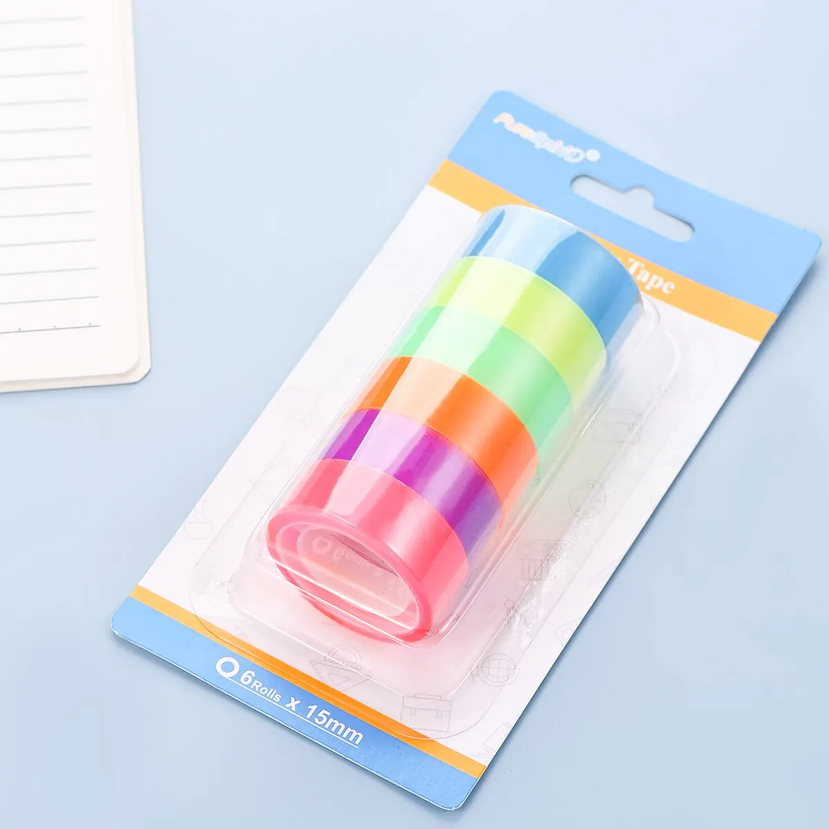 15mm 와이드 레인보우 컬러 스티커 테이프 반투명 라벨링 예술을위한 장식 방수 DIY 사무용품