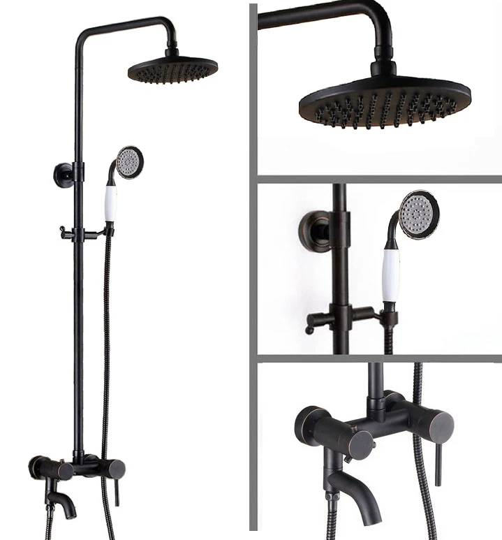 

Black Finish Brass Wall Mounted Bathroom Faucet Set Bathtub Rainfall/Handheld Shower Hot And Cold Water Taps Kit 2rs363