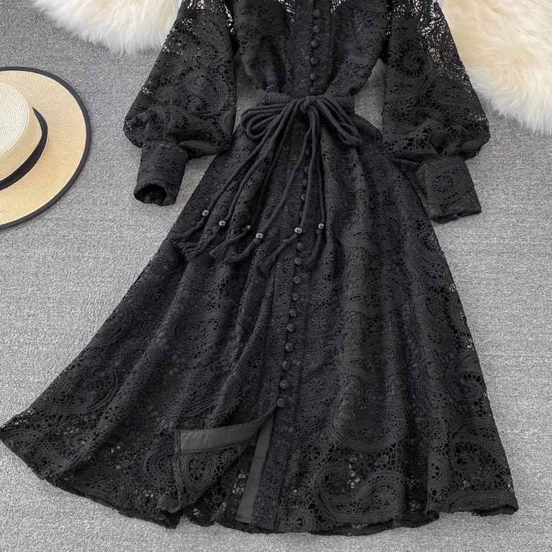 Vintage Court Style Lace Dress Women Elegant Hollowed Out Lantern Long Sleeve Slim Party Dresses Ladies Beige Black Long Robe