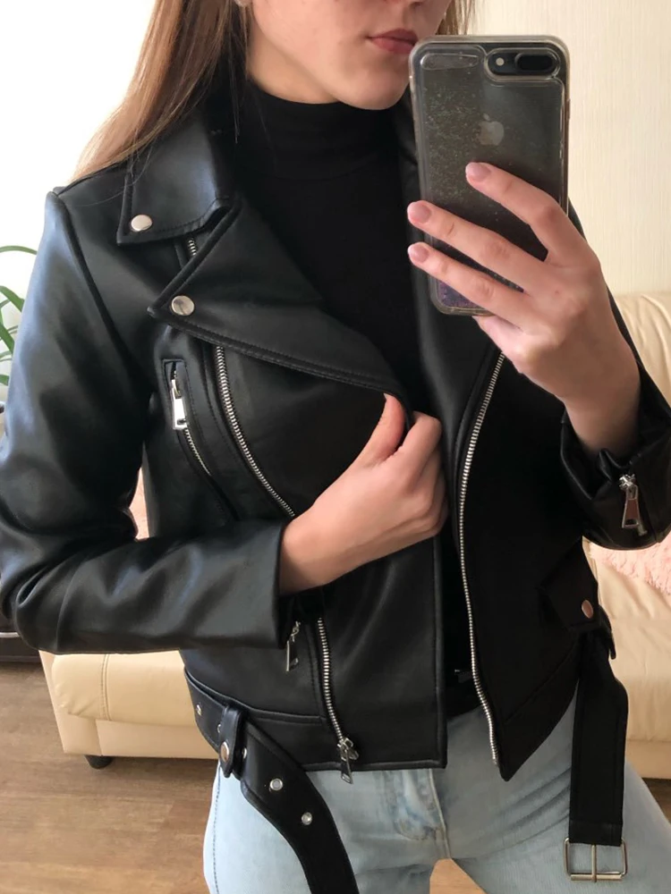 Autumn Women's Faux Leather Casual Jacket with Lapel Collar and Zipper