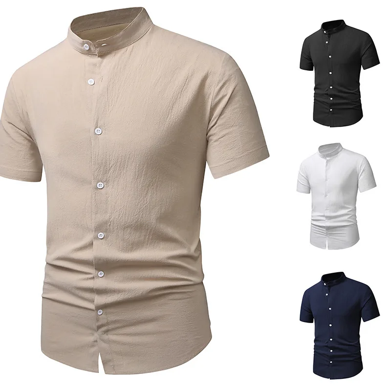 

Men's Summer Casual Short Sleeve Shirts Solid Color Linen Beach Shirt