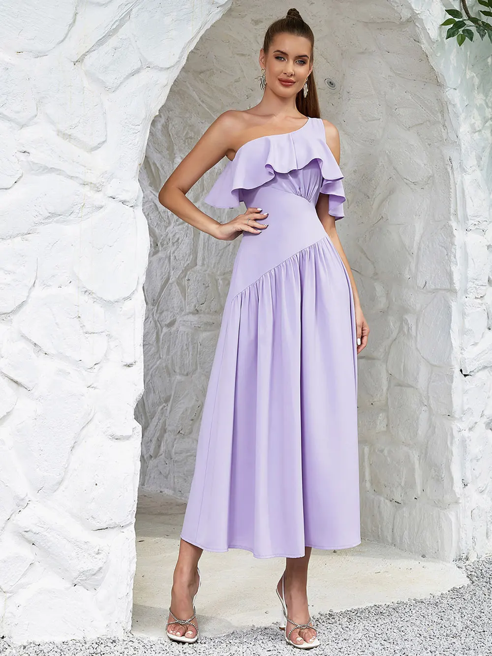 

2024 Sexy Women's A-line Dress Slant Neck One Shoulder Sleeveless Ruffle Edge Design Loose Long Dresses Evening Party Vestidos