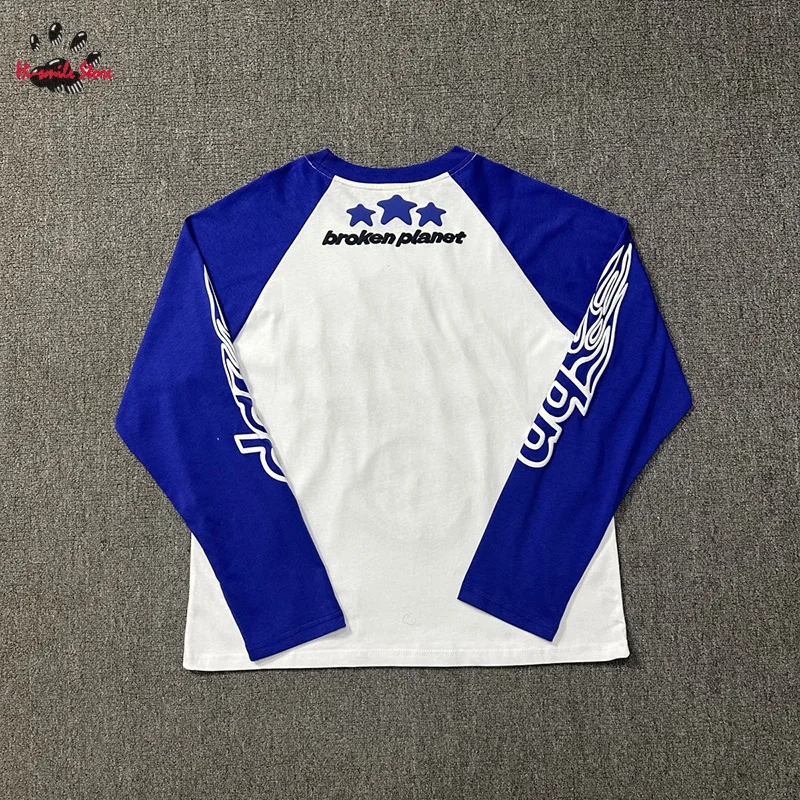 T-Shirt Pianeta Rotto A Maniche Lunghe Con Stampa A Sbuffo Uomo Donna 1:1 Hip Hop 100% Cotone Moda Casual Streetwear Splice Top