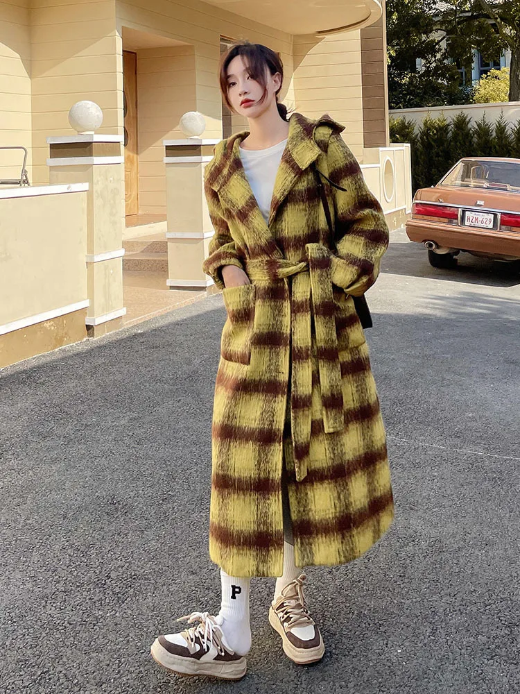 

Женское шерстяное кашемировое пальто, длинная клетчатая верхняя одежда с поясом и отложным воротником, Осень-зима 2022