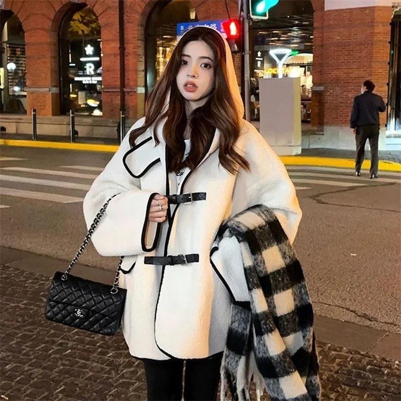 Hooded Lamb White Early Winter Coat Women's Korean Version Loose Fashion Versatile 2023 New Coat Thickened Top Commuter P252