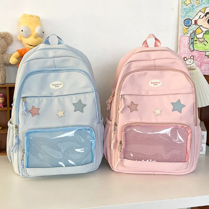 Japanese Y2k Kawaii Star Transparent Backpack Women Students Casual Aesthetic Star Schoolbag Girl High-capacity Preppy Backpacks