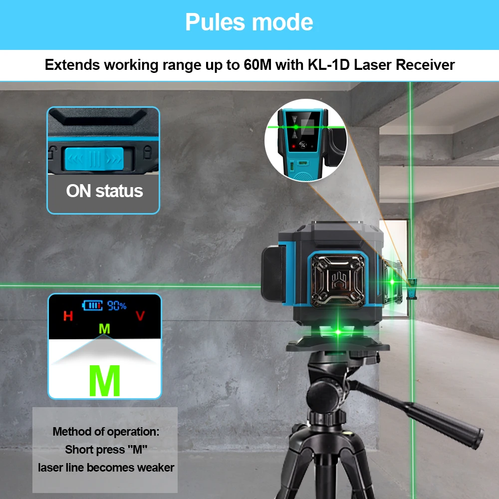 KEZERS Digital Display Laser Level Green 12 Lines 3D Self-leveling nivel láser Remote/APP Control 1pc 4000mAh Li-ion Battery