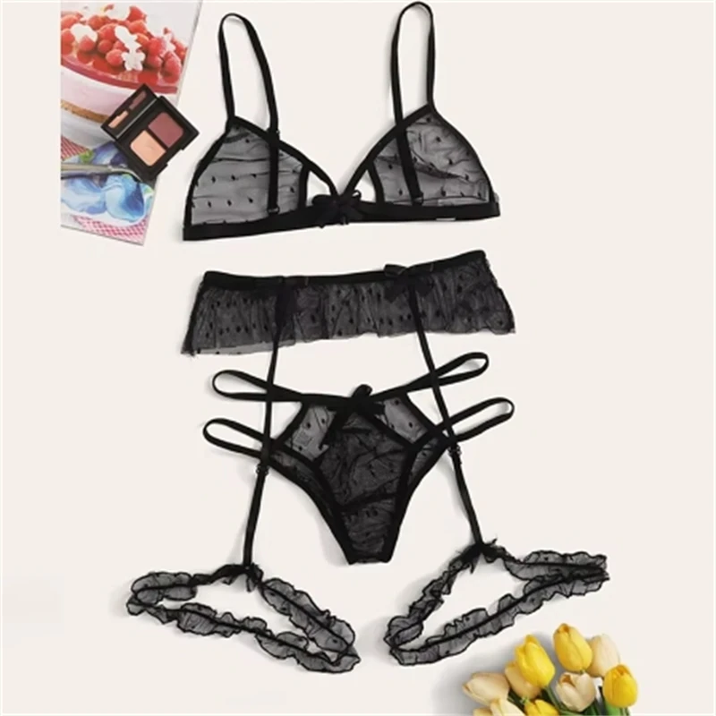 Sexy Mesh Three-point Set Bra Underwear Garter Belt Women Lingerie Sets