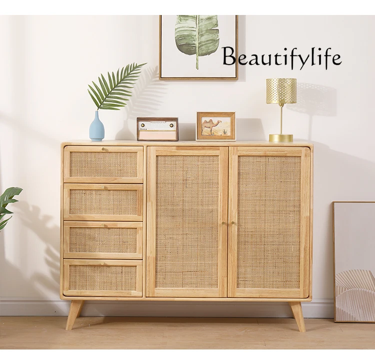 

Japanese-Style Solid Wood Sideboard Cabinet Modern Minimalist Rattan Tea Cabinet
