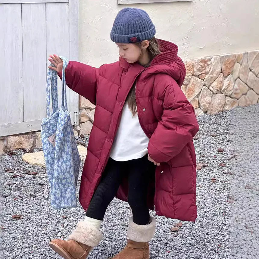 Winter Toddler Girl Mid-length Down Jackets Plus Velvet Thicken Warm Kid Girl Outerwear Coat Zipper Children Hooded Jackets