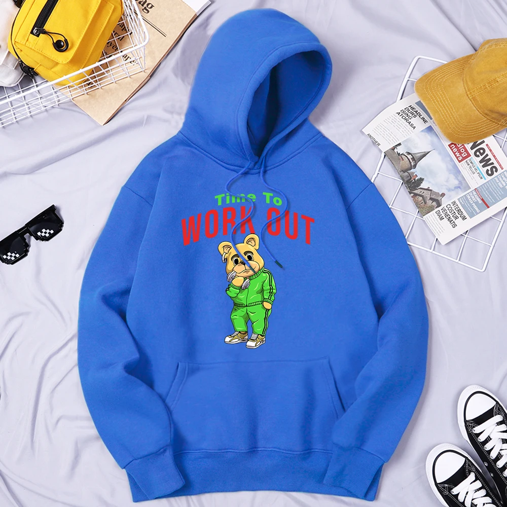 

Teddy Bear Time To Work Out Man Hooded Quality Hip Hop Shoulder Drop Harajuku Fashion Hoodie Comfortable All-Match Man Clothes