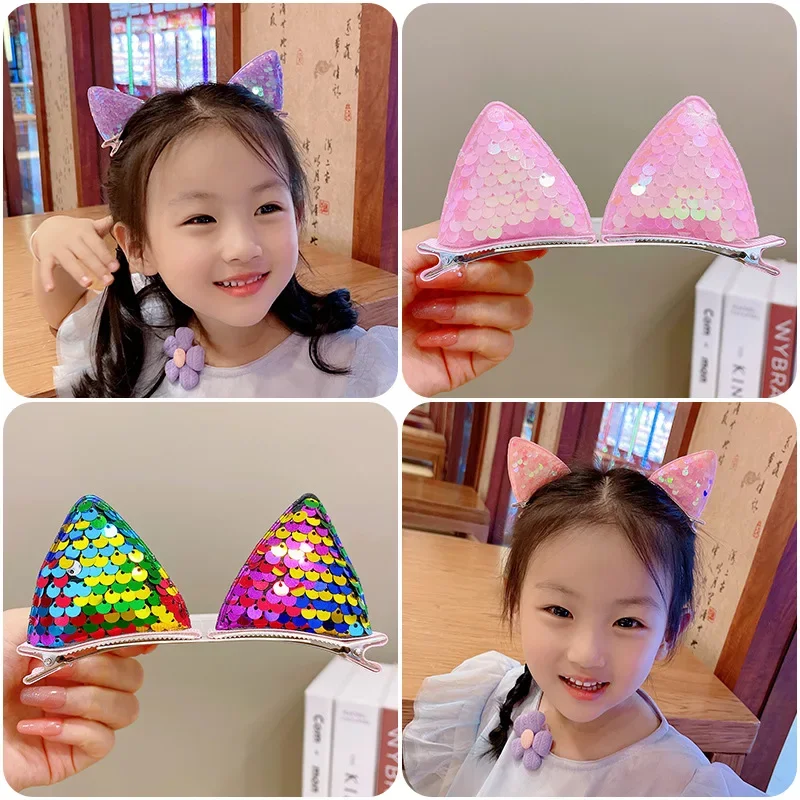 

New Gradient Sequins Cat Ears Hairpins Girls Cute Hair Clips Hair Accessories Women Sweet Barrettes Kids Fashion Ornaments Gift