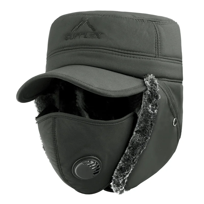 Fashion New Winter Bomber Hats Men's Northeast Mask Ushanka Lei Feng Hat Outdoor Windproof Keep Warm Thick Earmuffs Flat-Top Cap