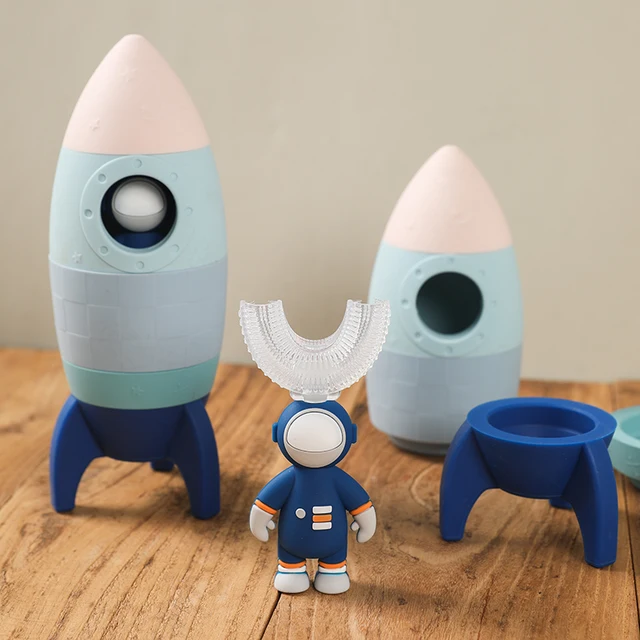 Baby Silicone Blocks Building Rocket Toy Rocket Stacking Puzzle Game Food Grade Silicone Teether Teething Wooden Astronaut DIY 1
