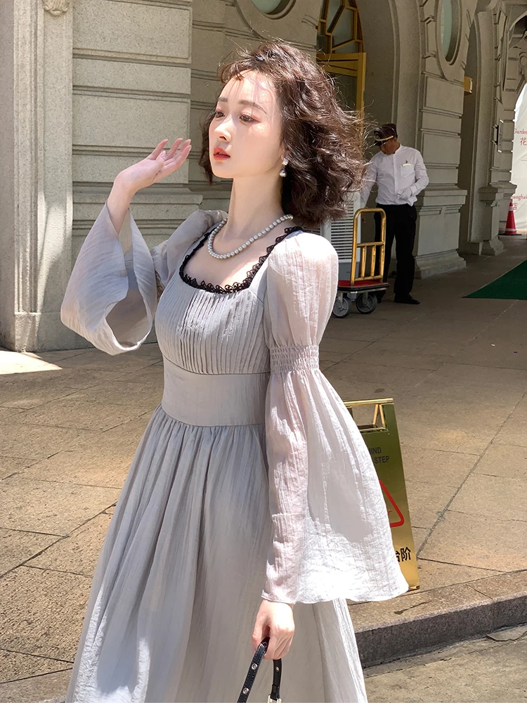 Autumn Princess Midi Dresses for Women Square Collar Flare Sleeve A-line Party Dress Slim Waist Korean One Piece Vestidos New