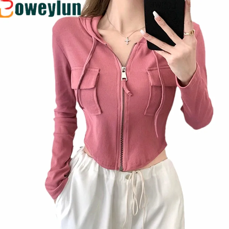 

Новая футболка Boweylun с капюшоном и длинными рукавами, весенний женский тонкий кардиган с высокой талией на молнии, топы для девочек