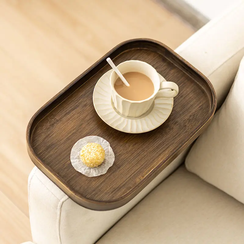 Sofa Side Table Home Creative Bamboo Sofa Handrail Tray Round Tea Tray Hotel Desserts Fruit Bamboo Wooden Small Storage