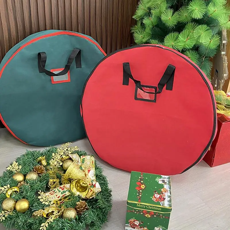 Christmas Tree Bag 60cm Round Foldable Xmas Wreath Storage Bag Large Garland Container Thicken Organizer with Reinforced Handle