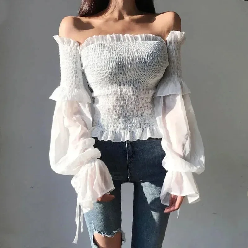 New Spring and Autumn Fashion Women's One-Word Shoulder Long Sleeve Solid Color Shirt Sexy Elastic Band Flared Casual Top 12813