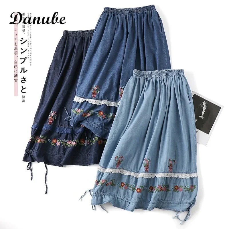 

Women's Vintage Embroidery Blue Denim Skirt Japanese Mori Girl Elastic High Waist Lace Ruffle Pleated Skirt Midi Faldas Mujer