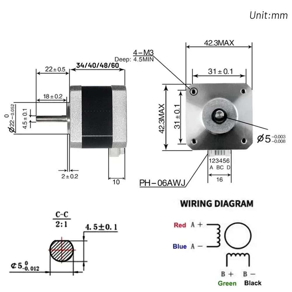 Nema17 Hybrid Open-loop Stepper Motor 2PH 34/40/48/60mm Length 4-Lead 0.28/0.42/0.56/7Nm for 3D Printer CNC Machine Tools Laser stepper motor