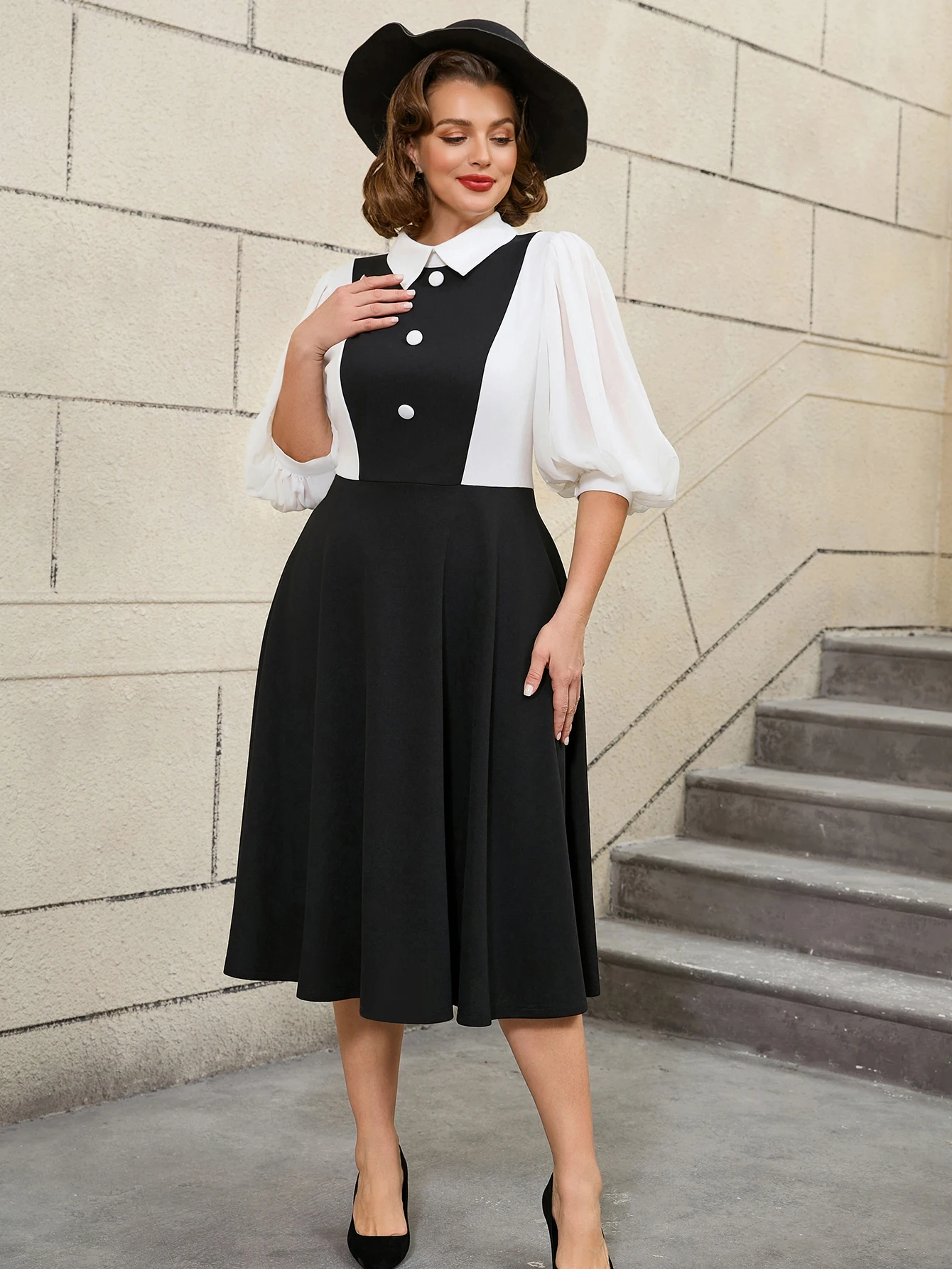a line dress workwear Hana Midi A-Line Dress Fit and Flare Short Sleeve main image 0