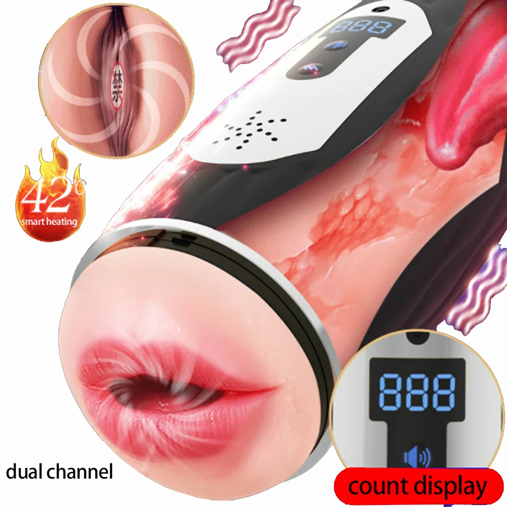 

12 Modes Vibration Male Masturbator 20cm Large Size Real Pussy Heating Pocket Adult Oral Blowjob Sucking Masturbators Cup Toy