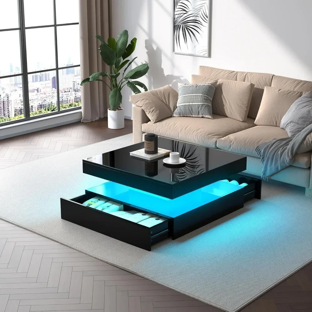 LED Coffee Table with Storage, High Glossy Modern White Center Table with 2 Drawers, Square Wooden Middle Table with 16-Color 6
